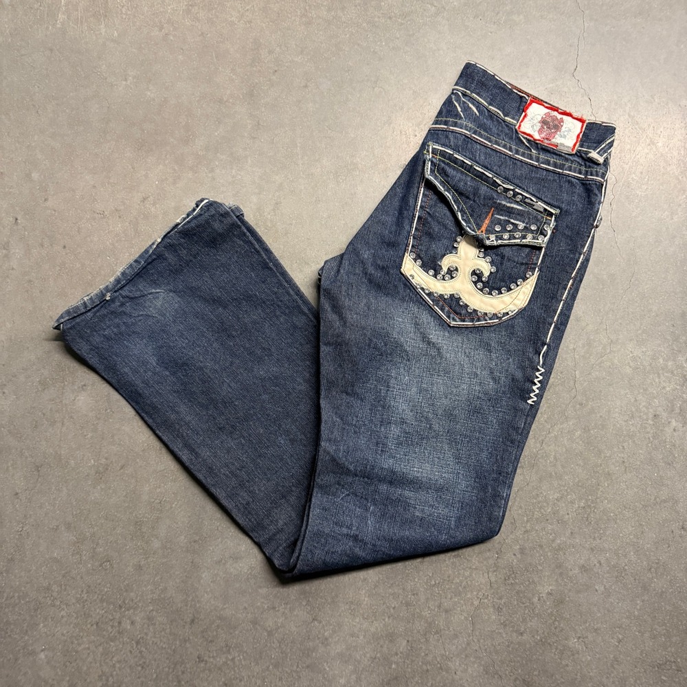 Laguna Beach Jean Co Mens 34 Dark Wash Bootcut Thick Stitch Rhinestone Jeans